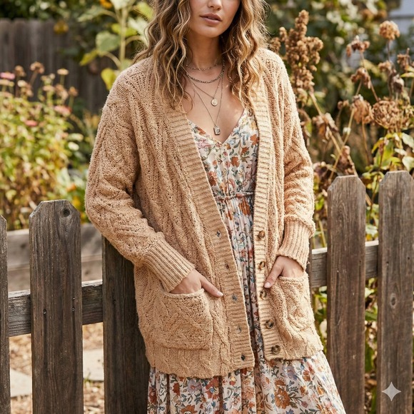 Free People Sweaters - Free People Montana Cable‎ Knit Cardigan Sweater Womens Small Tan Oversized Boho